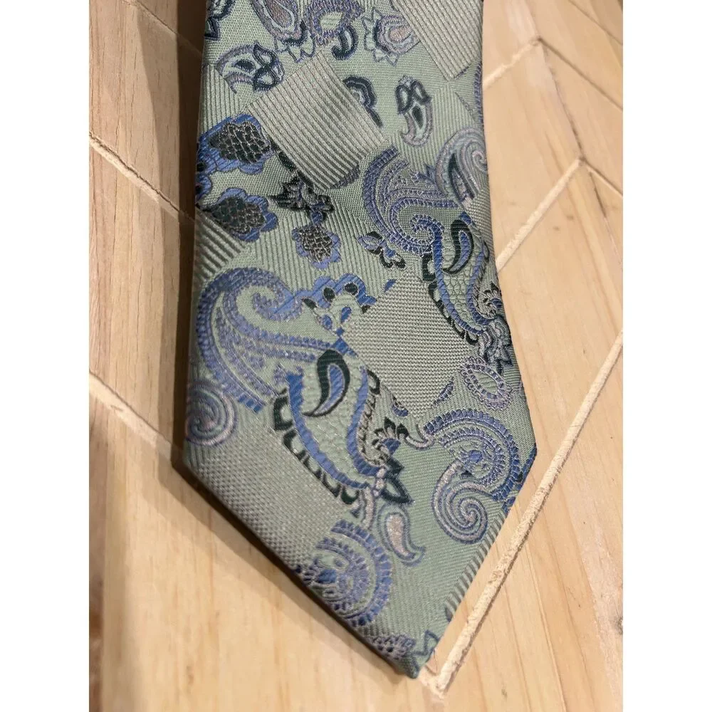 NWT Stacy Adams Tie & Pocket Square Set Sage Green Slate Blue Paisley